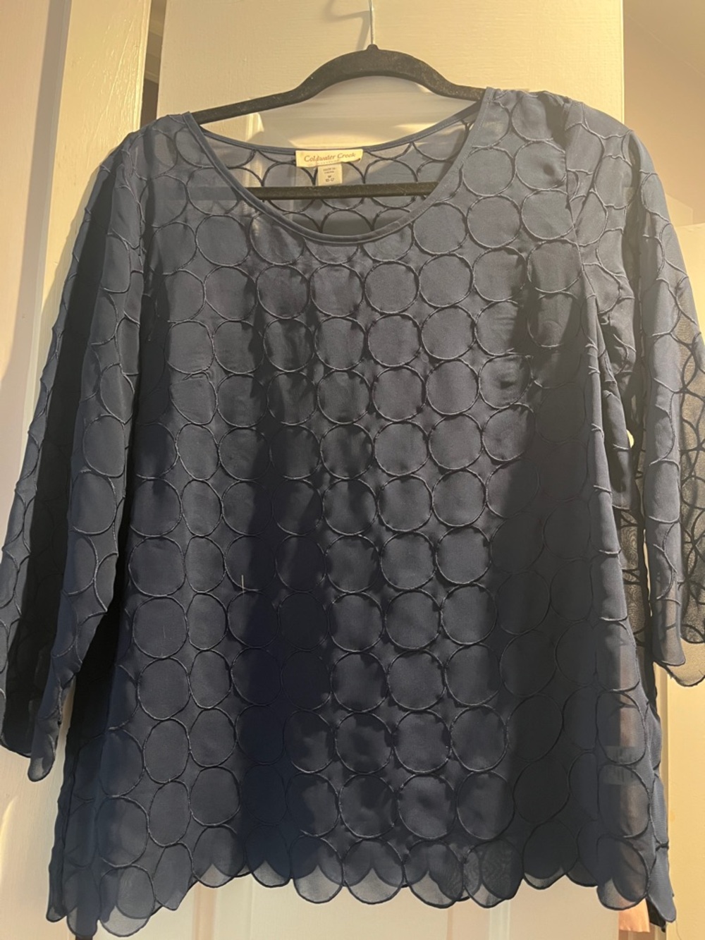 Coldwater Creek Sheer Navy Embroidered Circle Blouse M
EUC